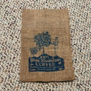 Blue Mountain Coffee Burlap Sack - Natural Brown with Navy Print